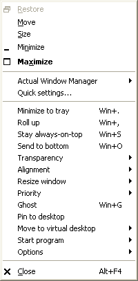 System window menu enhanced with the Actual Tools commands