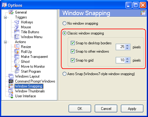 Extended Window Snapping options: snap to desktop/monitor boundaries, snap to other windows, snap to grid