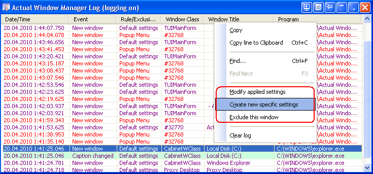 How to create specific settings or exclusion from the Log window