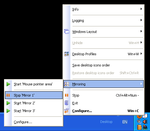 Control the desktop mirrors' running via tray icon's context menu
