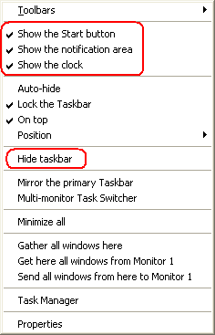 Toggle the visibility of taskbar and its controls via context menu