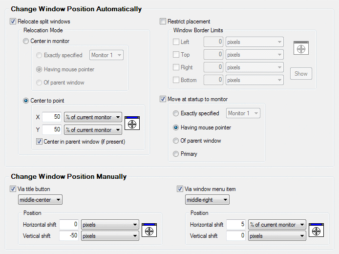 Position options available in the Default settings