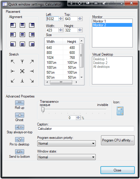 Quick Window Settings Dialog