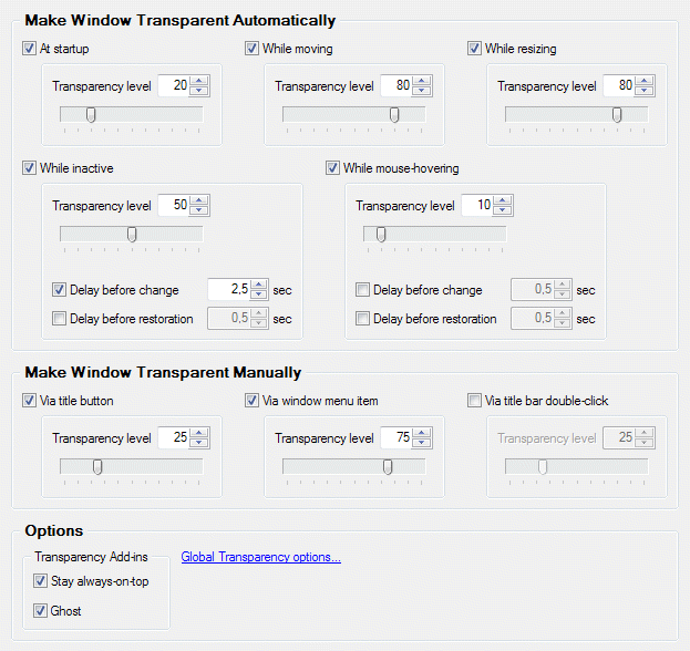 All transparency settings available in Actual Transparent Window