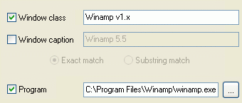 Target Window settings for the Winamp main window