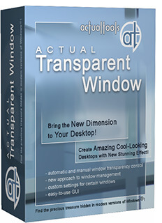 Actual Transparent Window lets you add the transparency effect to any window such as Taskbar, Winamp, menus and others in Windows 2000/XP/2003/Vista/2008.