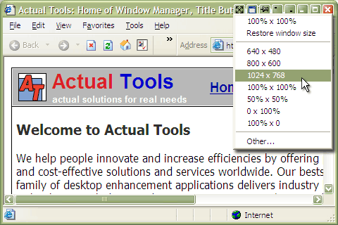 Resize window by selecting one of the predefined window resolutions