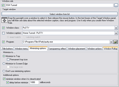 Actual Window Manager <i>Configuration: showing the rule controlling PuTTY sessions.